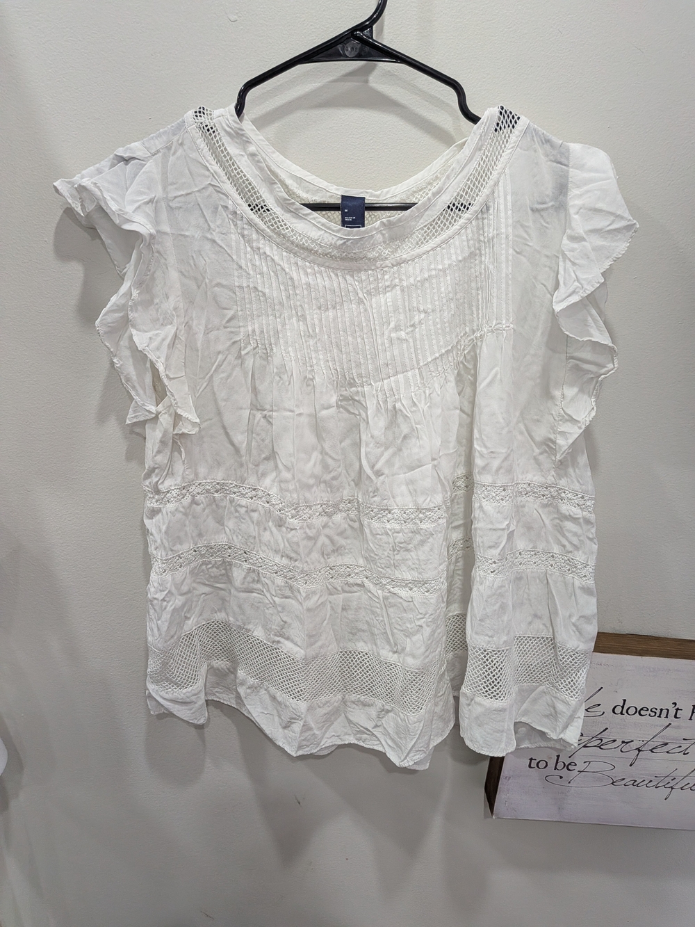 GAP 100% Cotton White Eyelet Pintuck Flutter-Sleeve Blouse